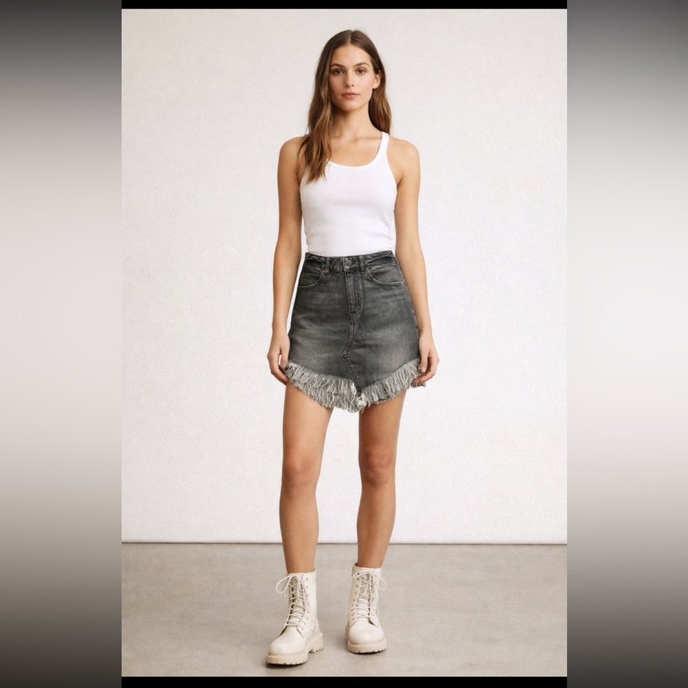 NWT Free People We The Free Maverick Black Denim Fringe Mini Skirt Size 24